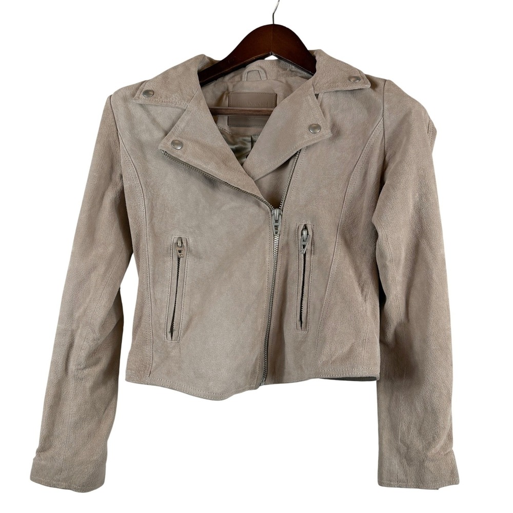 BLANKNYC Sand Stoner Suede Leather Moto Jacket XS Beige Tan Biker Zip Cropped
